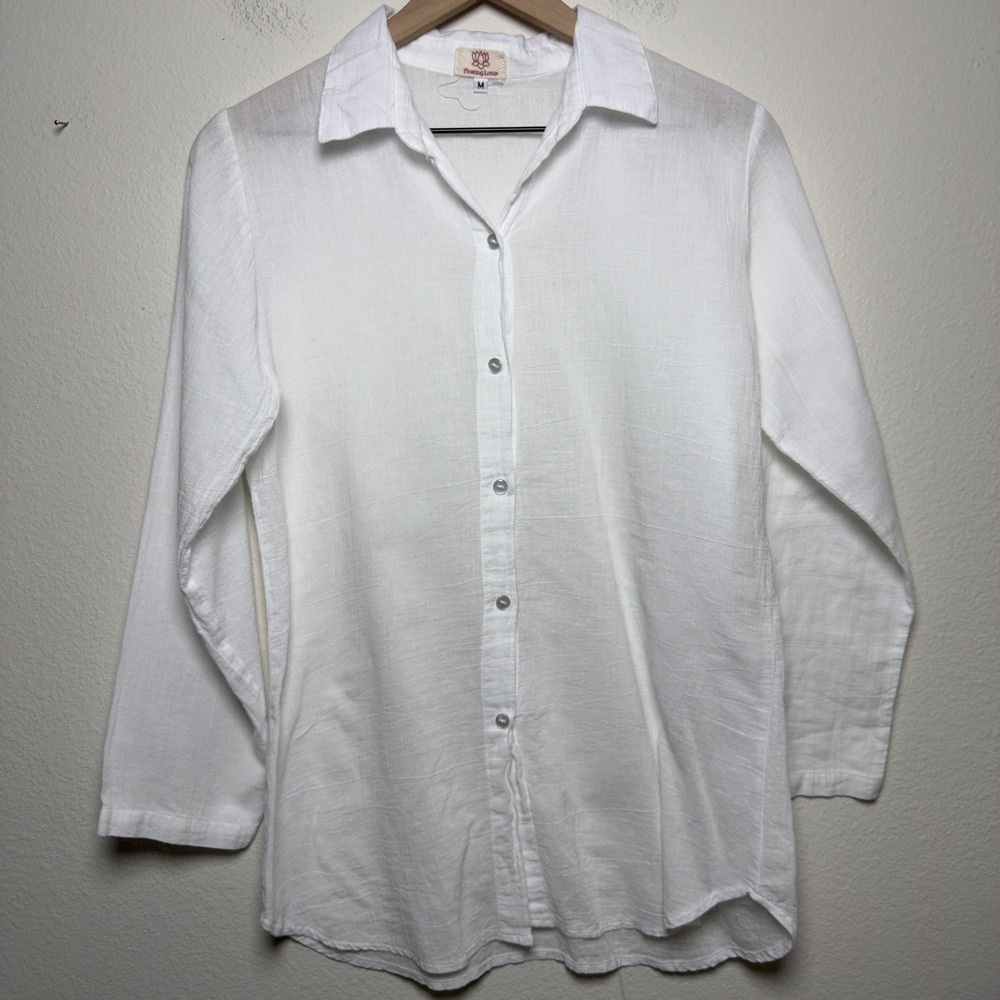 Floating Lotus Women‎ White 100% Cotton Button Down Shirt Medium Long Sleeve